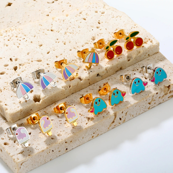 Rozsdamentes acél fülbevaló és nyaklánc készlet fagylalt, meggy, szellem és esernyő motívumokkal; elektroplakolt felület; szabályos lánc; nőknek