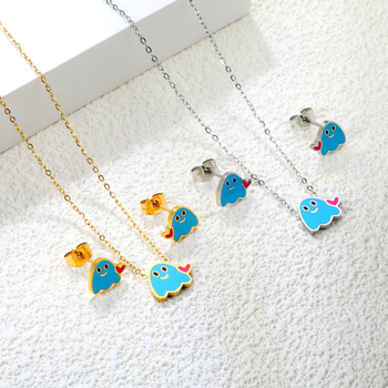 Rozsdamentes acél fülbevaló és nyaklánc készlet fagylalt, meggy, szellem és esernyő motívumokkal; elektroplakolt felület; szabályos lánc; nőknek