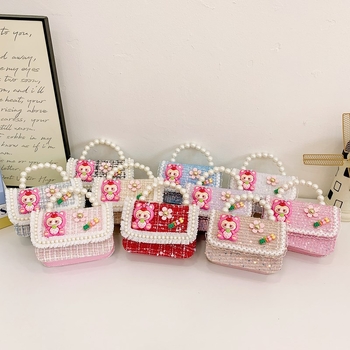 Geantă de umăr Labubu Strawberry Bear cu paiete pentru copii — bumbac și in, căptușeală poliester, model cu personaje, stil jucăuș și drăguț, pentru utilizare zilnică