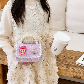 Geantă de umăr Labubu Strawberry Bear cu paiete pentru copii — bumbac și in, căptușeală poliester, model cu personaje, stil jucăuș și drăguț, pentru utilizare zilnică