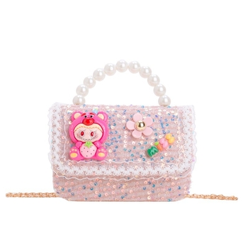 Geantă de umăr Labubu Strawberry Bear cu paiete pentru copii — bumbac și in, căptușeală poliester, model cu personaje, stil jucăuș și drăguț, pentru utilizare zilnică