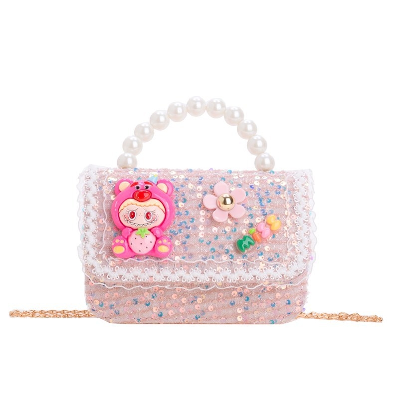 Geantă de umăr Labubu Strawberry Bear cu paiete pentru copii — bumbac și in, căptușeală poliester, model cu personaje, stil jucăuș și drăguț, pentru utilizare zilnică