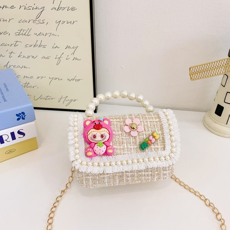 Geantă de umăr Labubu Strawberry Bear cu paiete pentru copii — bumbac și in, căptușeală poliester, model cu personaje, stil jucăuș și drăguț, pentru utilizare zilnică