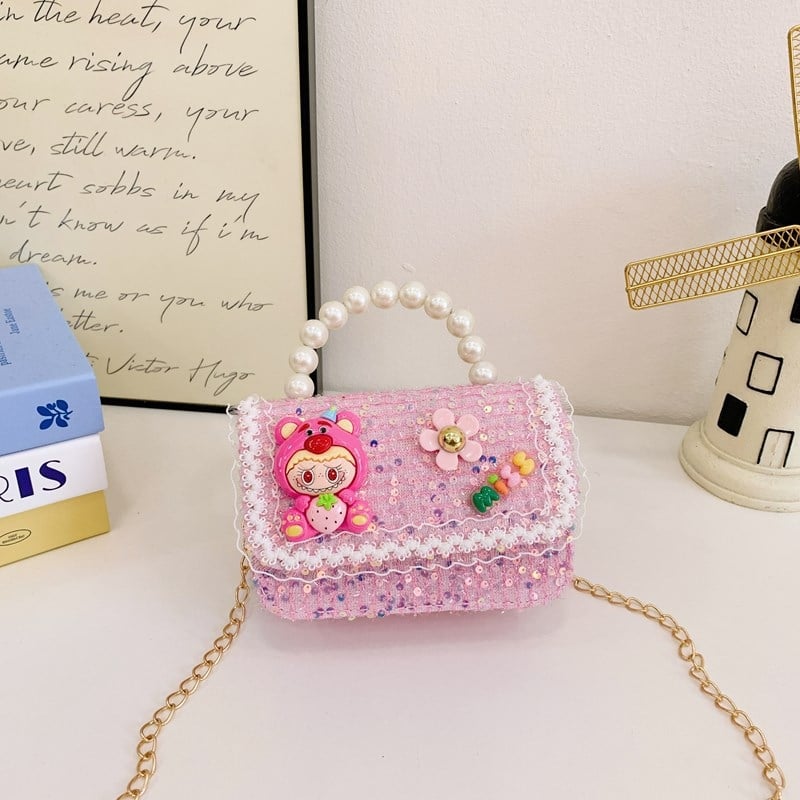 Geantă de umăr Labubu Strawberry Bear cu paiete pentru copii — bumbac și in, căptușeală poliester, model cu personaje, stil jucăuș și drăguț, pentru utilizare zilnică