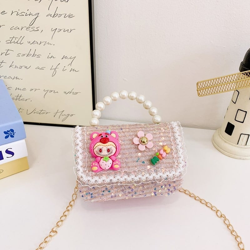 Geantă de umăr Labubu Strawberry Bear cu paiete pentru copii — bumbac și in, căptușeală poliester, model cu personaje, stil jucăuș și drăguț, pentru utilizare zilnică