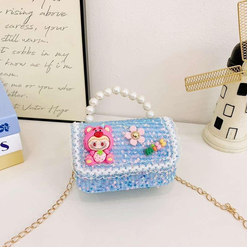 Geantă de umăr Labubu Strawberry Bear cu paiete pentru copii — bumbac și in, căptușeală poliester, model cu personaje, stil jucăuș și drăguț, pentru utilizare zilnică