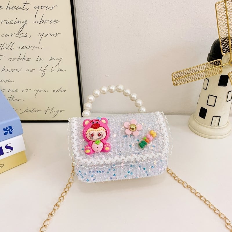 Geantă de umăr Labubu Strawberry Bear cu paiete pentru copii — bumbac și in, căptușeală poliester, model cu personaje, stil jucăuș și drăguț, pentru utilizare zilnică