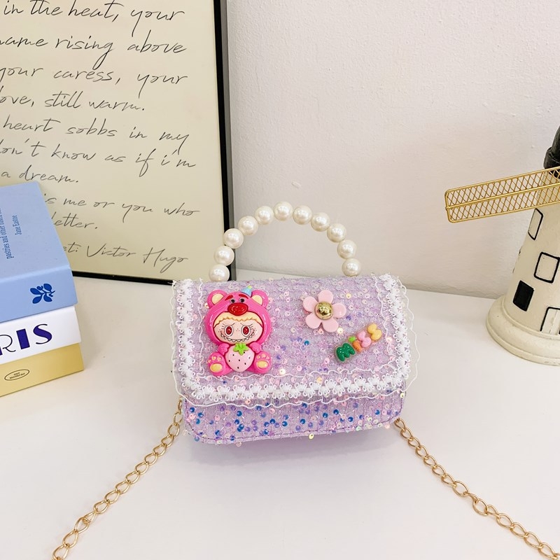 Geantă de umăr Labubu Strawberry Bear cu paiete pentru copii — bumbac și in, căptușeală poliester, model cu personaje, stil jucăuș și drăguț, pentru utilizare zilnică