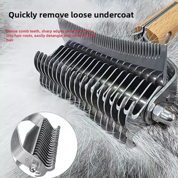 Pieptene dublu față, curbat pentru descurcarea nodurilor și îndepărtarea părului la câinii cu blană lungă – multifuncțional