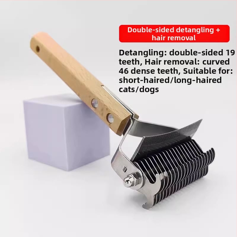 Pieptene dublu față, curbat pentru descurcarea nodurilor și îndepărtarea părului la câinii cu blană lungă – multifuncțional