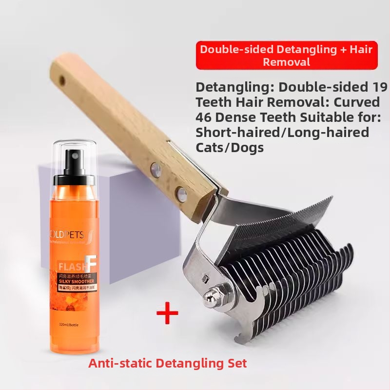 Pieptene dublu față, curbat pentru descurcarea nodurilor și îndepărtarea părului la câinii cu blană lungă – multifuncțional