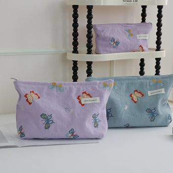 Козметична чанта с бродерия, флорална шарка, памук и лен, подплата от памук