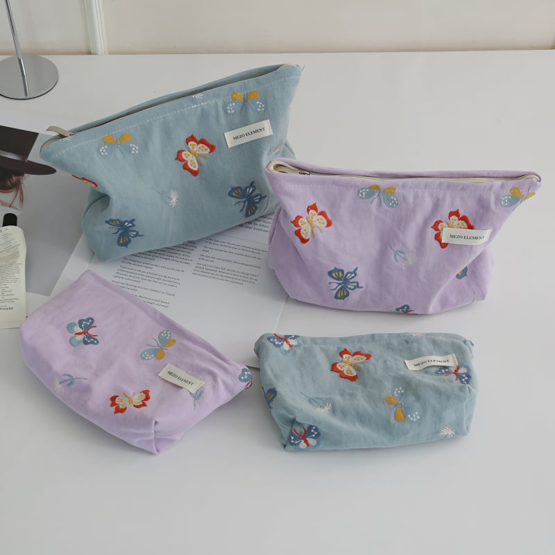 Козметична чанта с бродерия, флорална шарка, памук и лен, подплата от памук