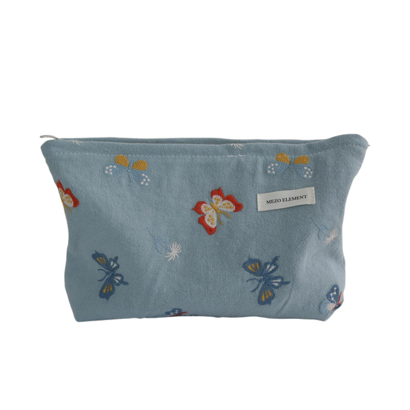 Козметична чанта с бродерия, флорална шарка, памук и лен, подплата от памук