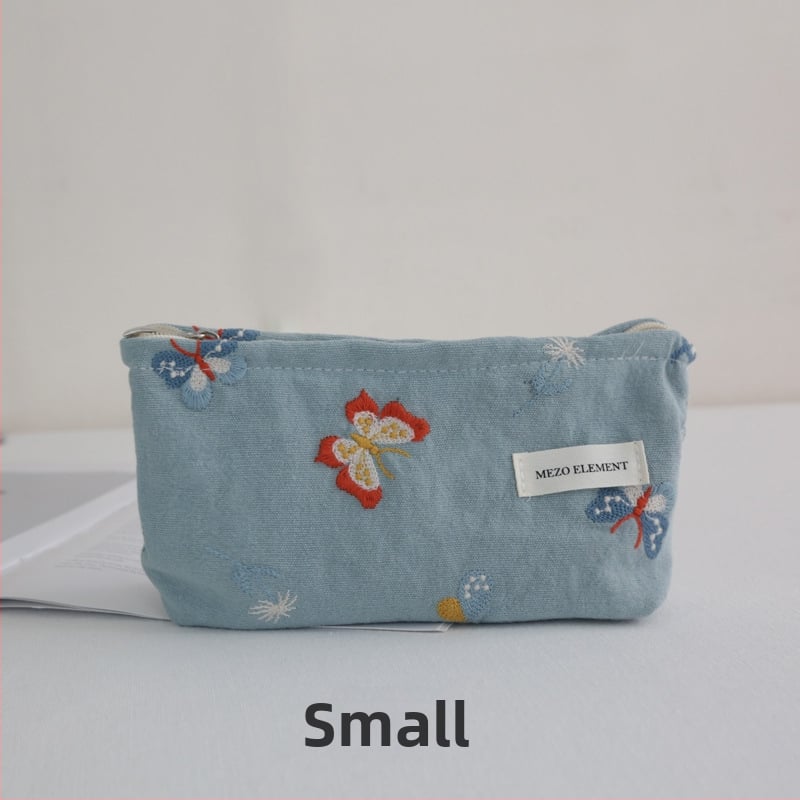 Козметична чанта с бродерия, флорална шарка, памук и лен, подплата от памук