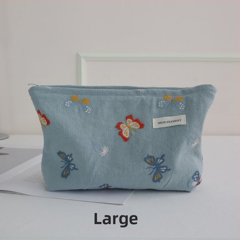 Козметична чанта с бродерия, флорална шарка, памук и лен, подплата от памук