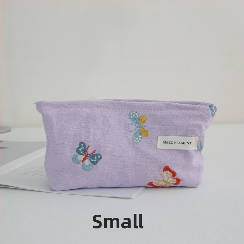 Козметична чанта с бродерия, флорална шарка, памук и лен, подплата от памук