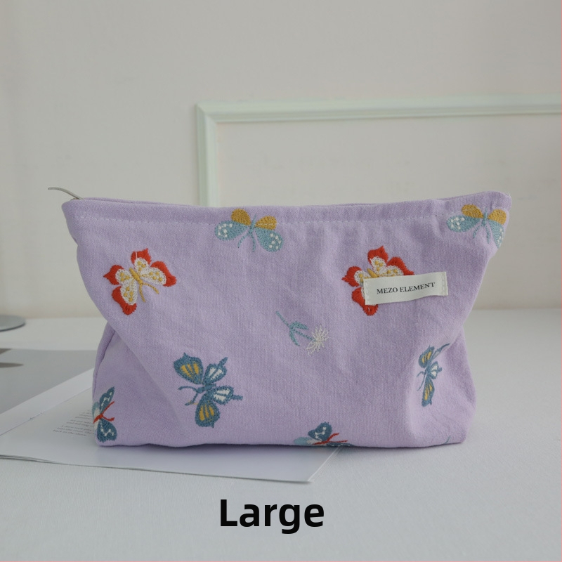 Козметична чанта с бродерия, флорална шарка, памук и лен, подплата от памук