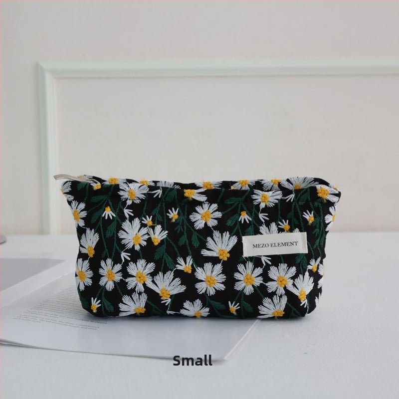 Козметична чанта с бродерия, флорална шарка, памук и лен, подплата от памук