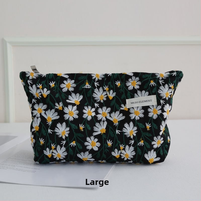 Козметична чанта с бродерия, флорална шарка, памук и лен, подплата от памук