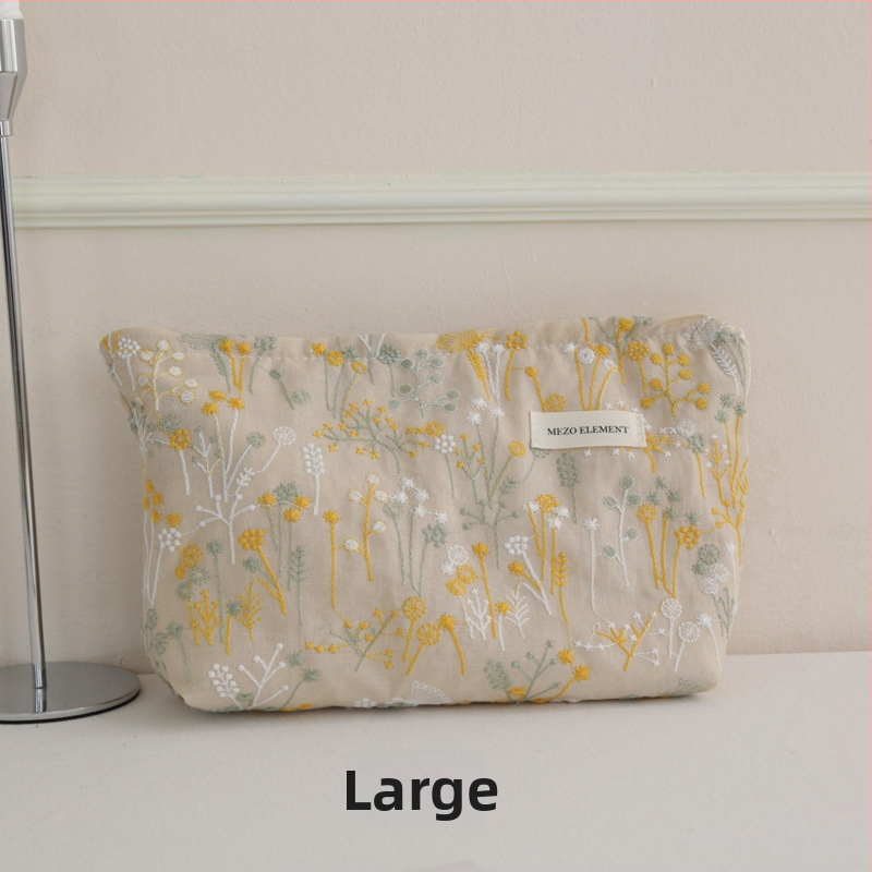 Козметична чанта с бродерия, флорална шарка, памук и лен, подплата от памук