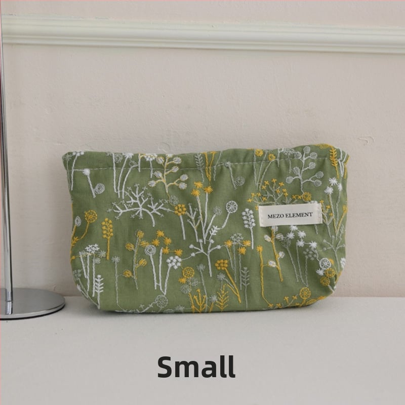 Козметична чанта с бродерия, флорална шарка, памук и лен, подплата от памук