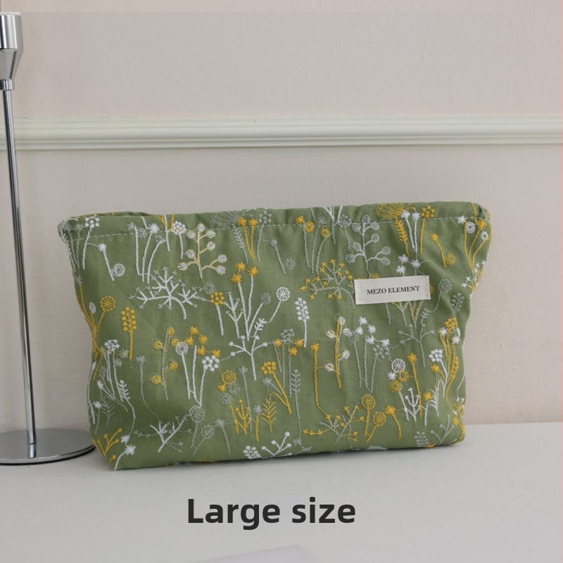 Козметична чанта с бродерия, флорална шарка, памук и лен, подплата от памук