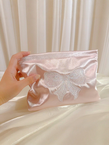 LOVELIMERENCE козметична чанта с бродирана панделка, полиестерен външен корпус и платнена подплата, преносима с голям капацитет вътрешна чанта