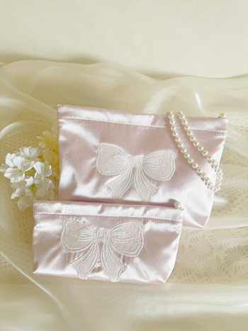 LOVELIMERENCE козметична чанта с бродирана панделка, полиестерен външен корпус и платнена подплата, преносима с голям капацитет вътрешна чанта