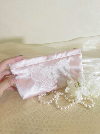 LOVELIMERENCE козметична чанта с бродирана панделка, полиестерен външен корпус и платнена подплата, преносима с голям капацитет вътрешна чанта