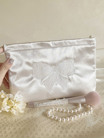 LOVELIMERENCE козметична чанта с бродирана панделка, полиестерен външен корпус и платнена подплата, преносима с голям капацитет вътрешна чанта