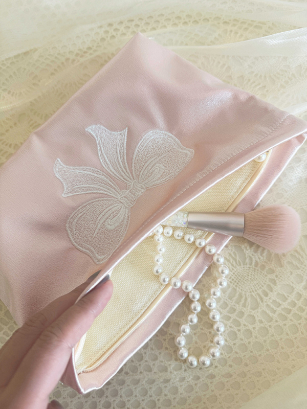 LOVELIMERENCE козметична чанта с бродирана панделка, полиестерен външен корпус и платнена подплата, преносима с голям капацитет вътрешна чанта