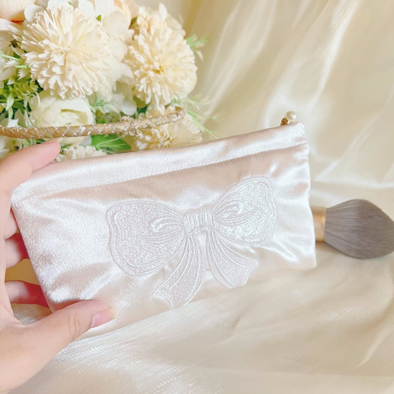 LOVELIMERENCE козметична чанта с бродирана панделка, полиестерен външен корпус и платнена подплата, преносима с голям капацитет вътрешна чанта