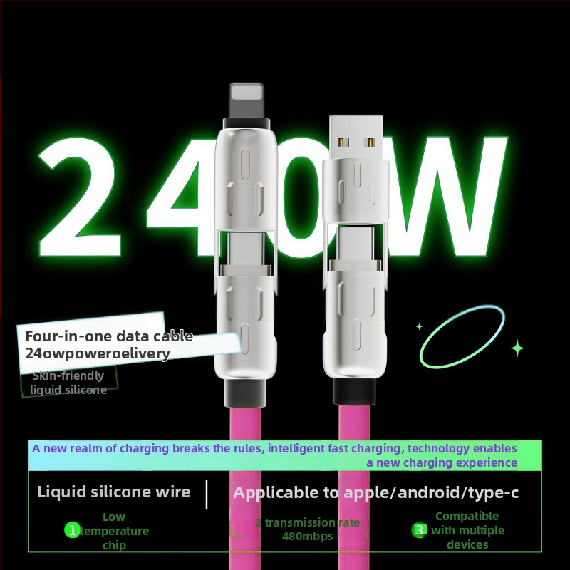 4-u-1 kabel za podatke s brzim punjenjem, Lightning, USB-C, USB-A i USB 2.0/3.0 sučeljima, kućište od cinkove legure, izlaz 60W, indikator svjetla