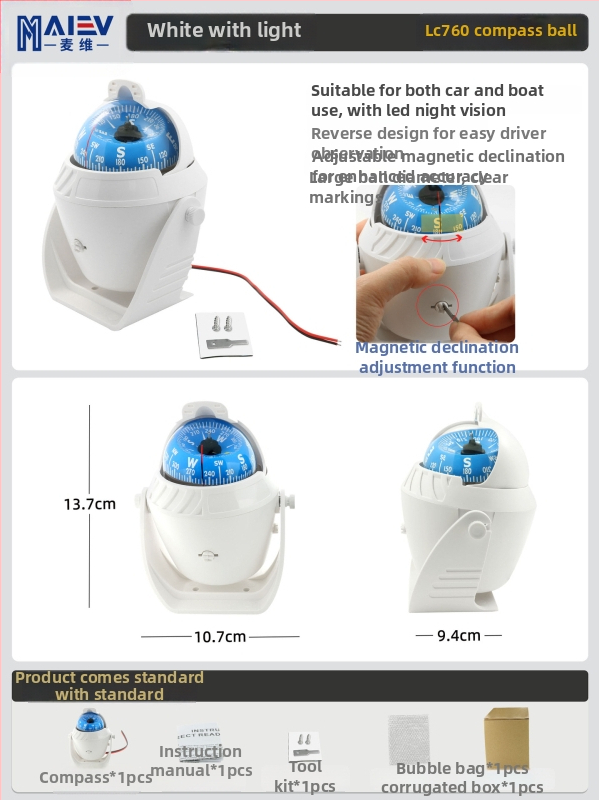 Maiev LC760 jūrinis kompasas su magnetinės deklinacijos reguliavimu, skirtas naudoti ant borto (automobilis/laivas)