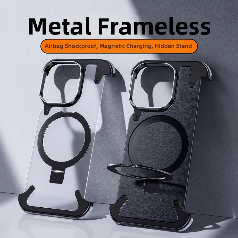 Tālruņa vāciņš iPhone 14 / 14 Max ar metalisku rāmi un gaisa spilventiņu (Materiāls: metāls + PC; Stils: Two in One, Business, Retro, Nordic; Ražošanas process: Hot Pressing; Funkcijas: trieciensizturība, Turētājs, Magnētiskais pievilkums, Pret pirkstu nos