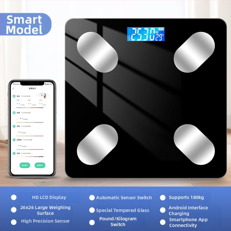 Cântar inteligent pentru grăsime corporală cu Bluetooth, afișaj LED, operare prin atingere, ABS plastic, alimentat cu baterie