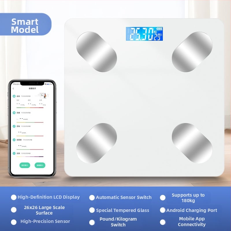 Cântar inteligent pentru grăsime corporală cu Bluetooth, afișaj LED, operare prin atingere, ABS plastic, alimentat cu baterie