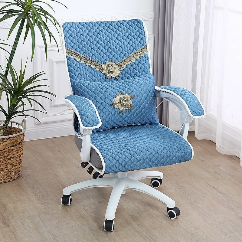 Irodai székhuzat – párnahuzat az üléshez és a hátlaphoz, varrott négy évszakos dizájn, védelem a karfák számára, geometriai mintázat, töltet toll-selyem-pamut