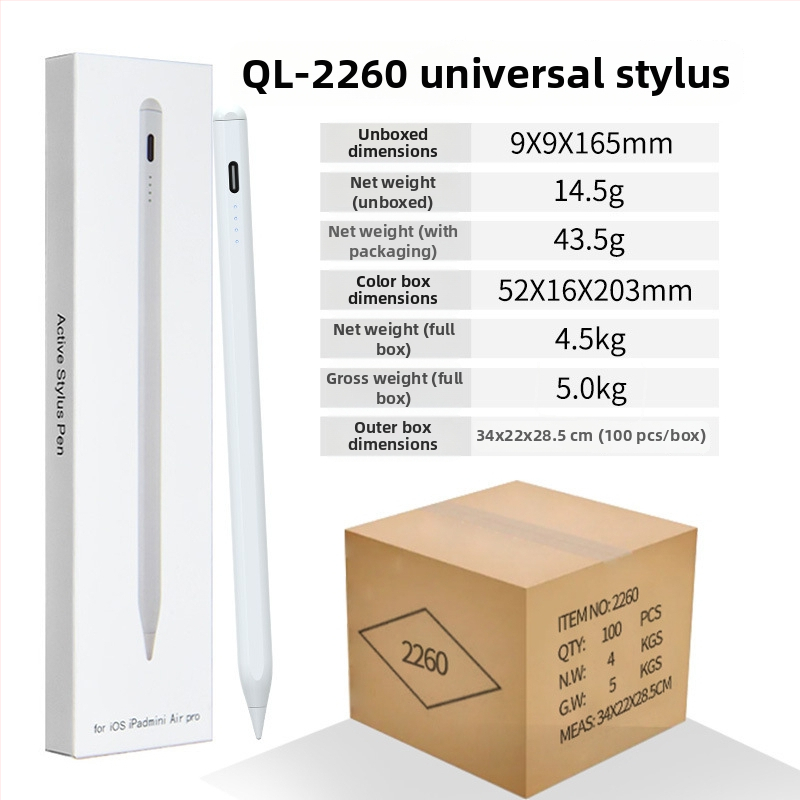 Kapacitinis stylus su indikatorine šviesa iPad ir Android/Windows jutiklinėms įrenginiams; komplektas: stilus, instrukcija, USB kabelis, 2 antgaliai
