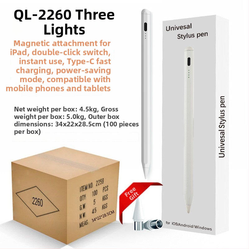 Kapacitinis stylus su indikatorine šviesa iPad ir Android/Windows jutiklinėms įrenginiams; komplektas: stilus, instrukcija, USB kabelis, 2 antgaliai