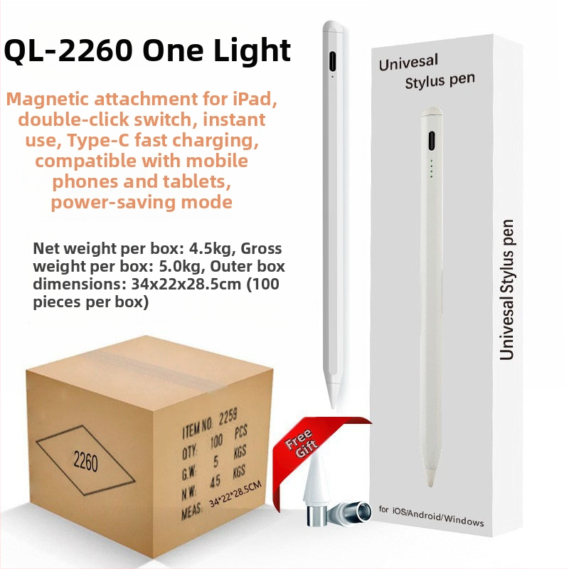 Kapacitinis stylus su indikatorine šviesa iPad ir Android/Windows jutiklinėms įrenginiams; komplektas: stilus, instrukcija, USB kabelis, 2 antgaliai