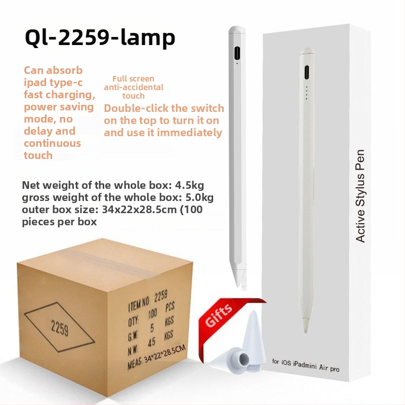 Kapacitinis stylus su indikatorine šviesa iPad ir Android/Windows jutiklinėms įrenginiams; komplektas: stilus, instrukcija, USB kabelis, 2 antgaliai