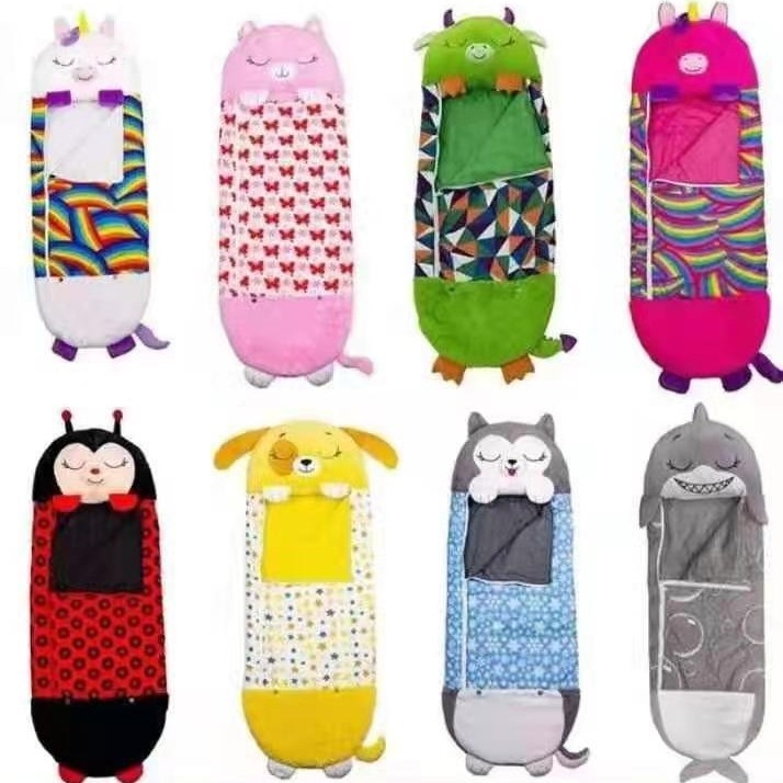 Детски спален чувал с карикатурен дизайн, четири сезона; външна материя: фланел + памук + шлайфана тъкан; тегло 0.55–1.00 кг; пълнеж: влакна