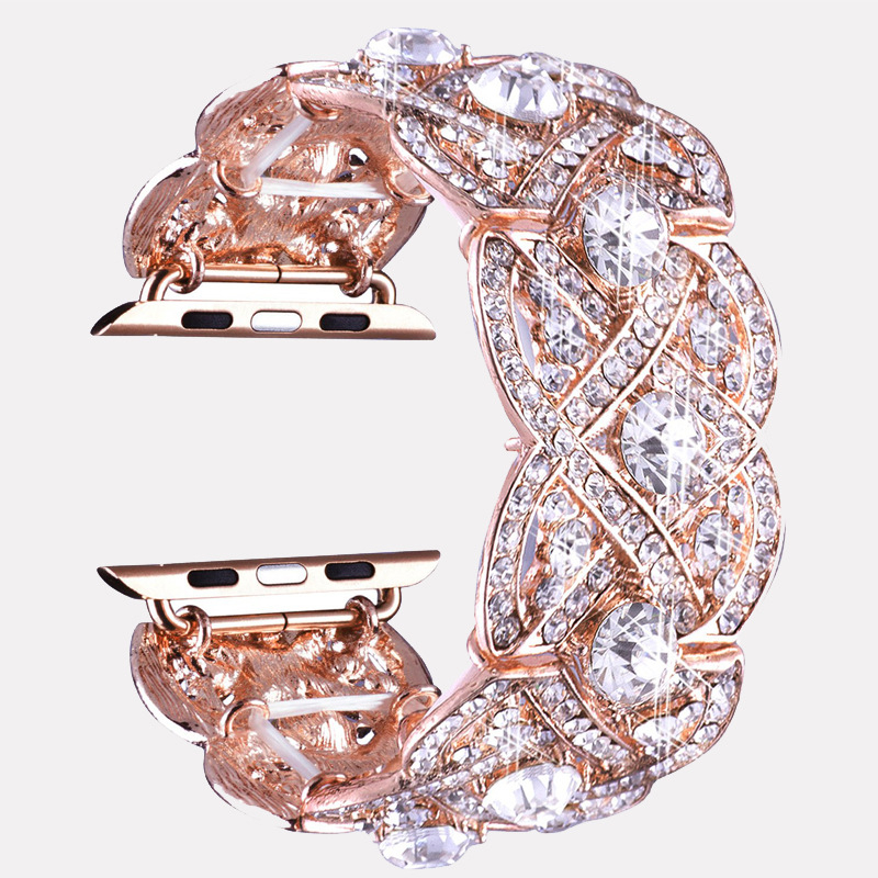 Метален каиш за Apple Watch с диамантено инкрустирано четирилистно цвете; съвместим с Apple Watch модели; Материал: метал; Интерфейс размер: персонализируем; Закопчаване: едно пръстенче (без закопчалник); Тегло: 70 g