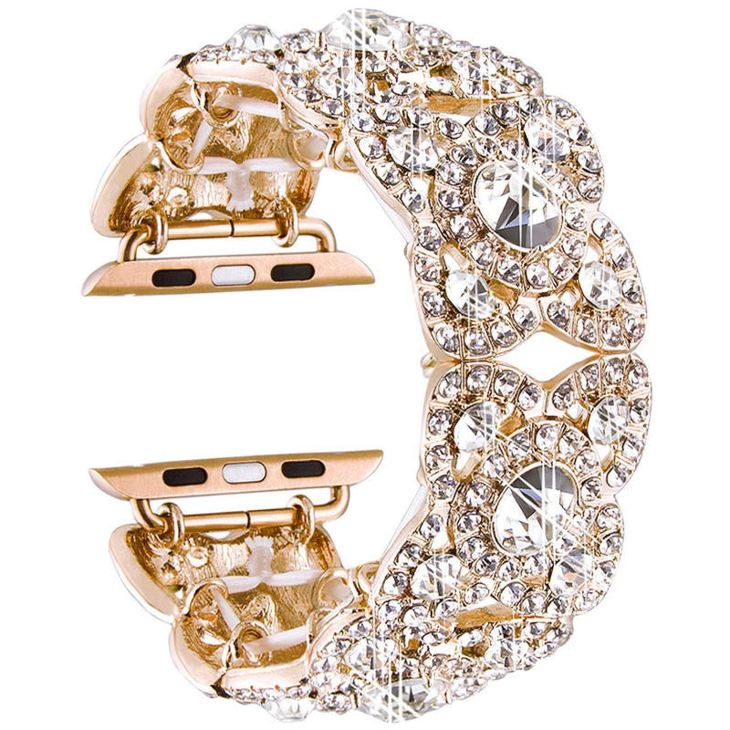 Метален каиш за Apple Watch с диамантено инкрустирано четирилистно цвете; съвместим с Apple Watch модели; Материал: метал; Интерфейс размер: персонализируем; Закопчаване: едно пръстенче (без закопчалник); Тегло: 70 g