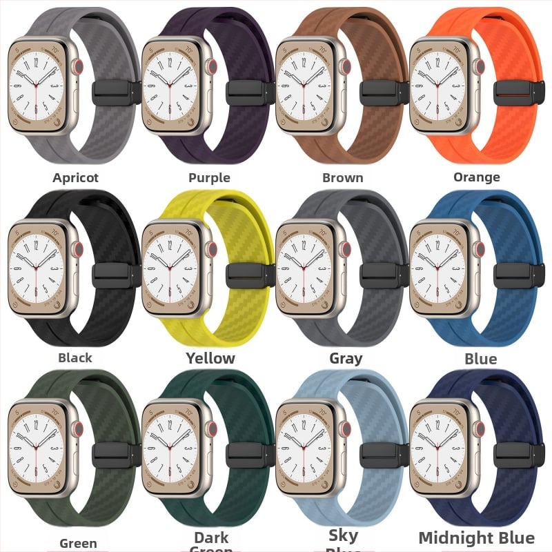 Силиконова гривна за Apple Watch с карбонов модел, магнитна сгъваема катарама, съвместима със серия 1–10