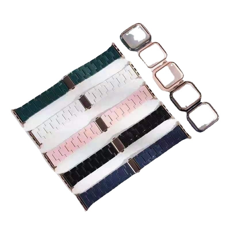 Brățară din rășină pentru Apple Watch, generația a 11-a, cu curea cu trei mărgele și husă protectoare PC cu folie temperată, la modă