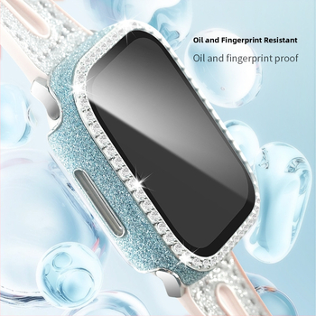 Apple Watch apsauginė dėklas iš PC ir odos, grūdinto stiklo plėvelė ekranui, vienos eilės deimantai, suderinamas su Apple Watch serijomis 4–9 ir SE