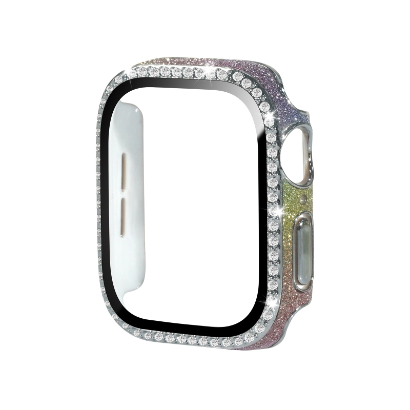 Apple Watch apsauginė dėklas iš PC ir odos, grūdinto stiklo plėvelė ekranui, vienos eilės deimantai, suderinamas su Apple Watch serijomis 4–9 ir SE